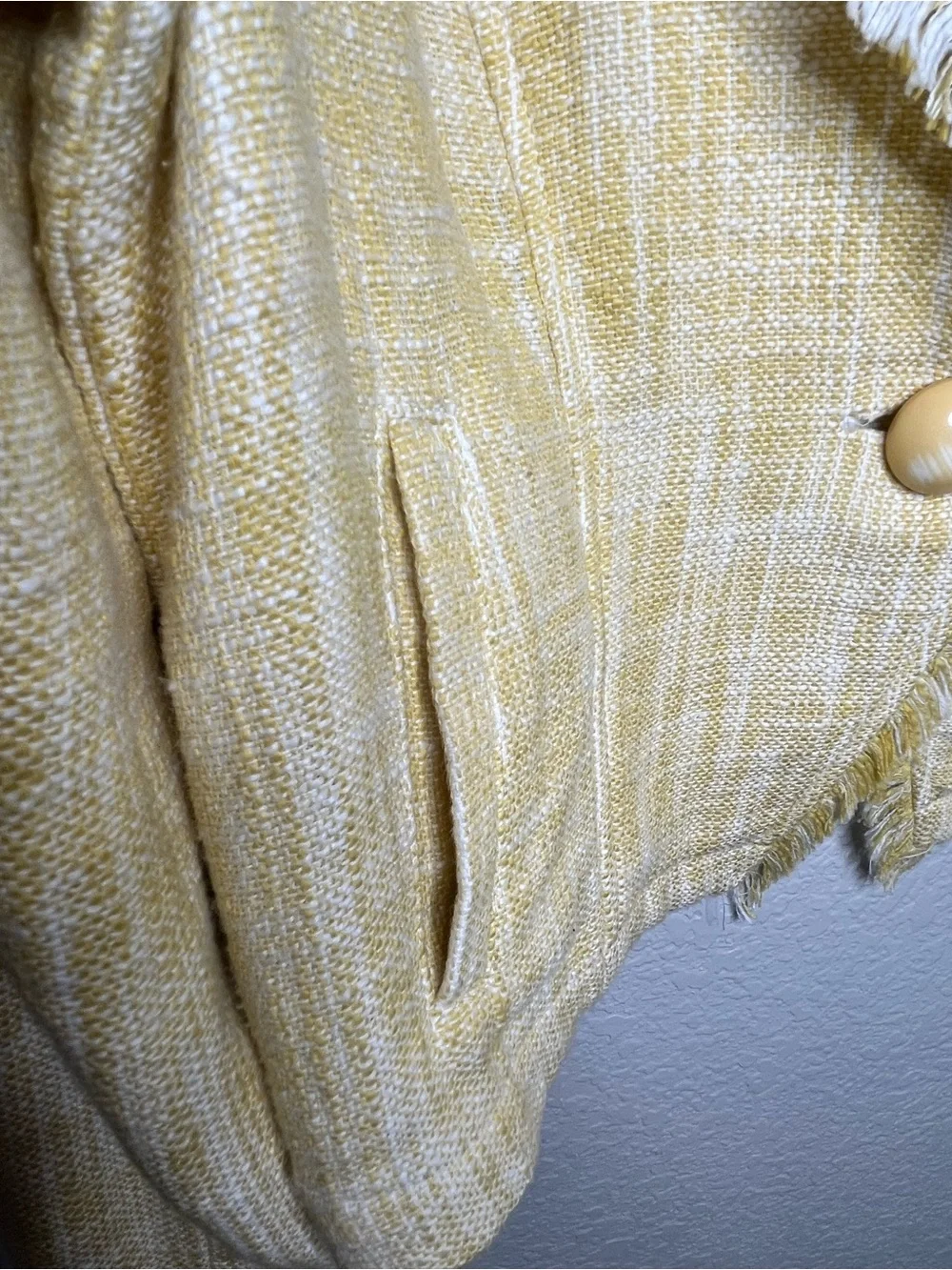 CAbi Daisy Jacket Banana Yellow Tweed Blazer Fringe Trim Preppy Chic NWT Large